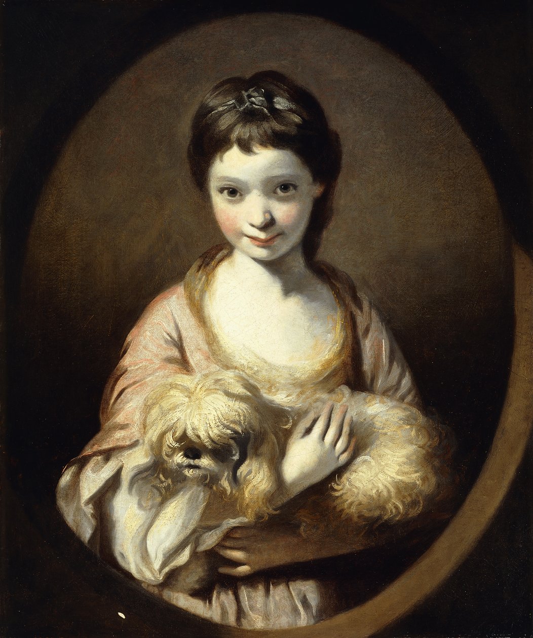 Portret panny Emilii Vansittart, pół długości, w różowo-białej sukience trzymającej psa, c.1767-68 autorstwa Joshua Reynolds