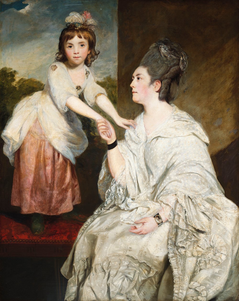 Portret pani Sarah Otway w białym stroju z córką Jane przed oknem autorstwa Joshua Reynolds