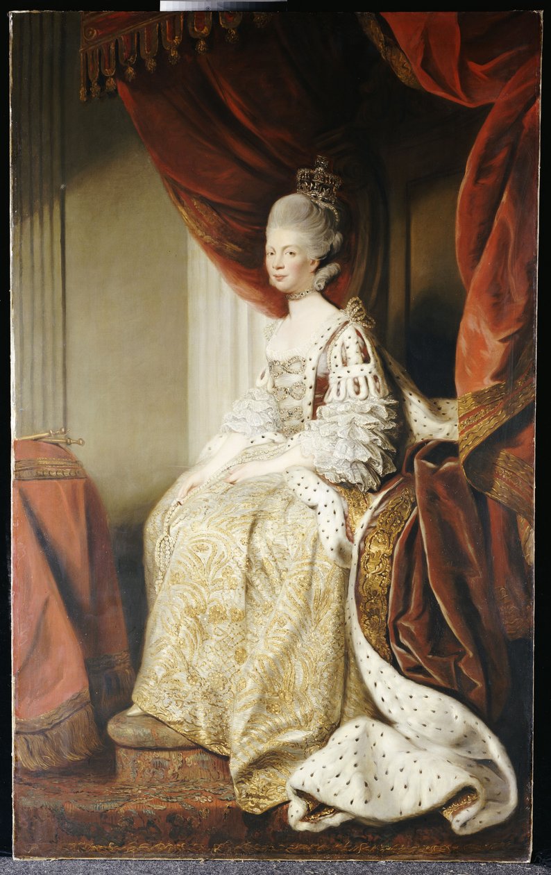 Portret królowej Charlotte, pełnej długości, siedzącej w szatach państwowych autorstwa Joshua Reynolds