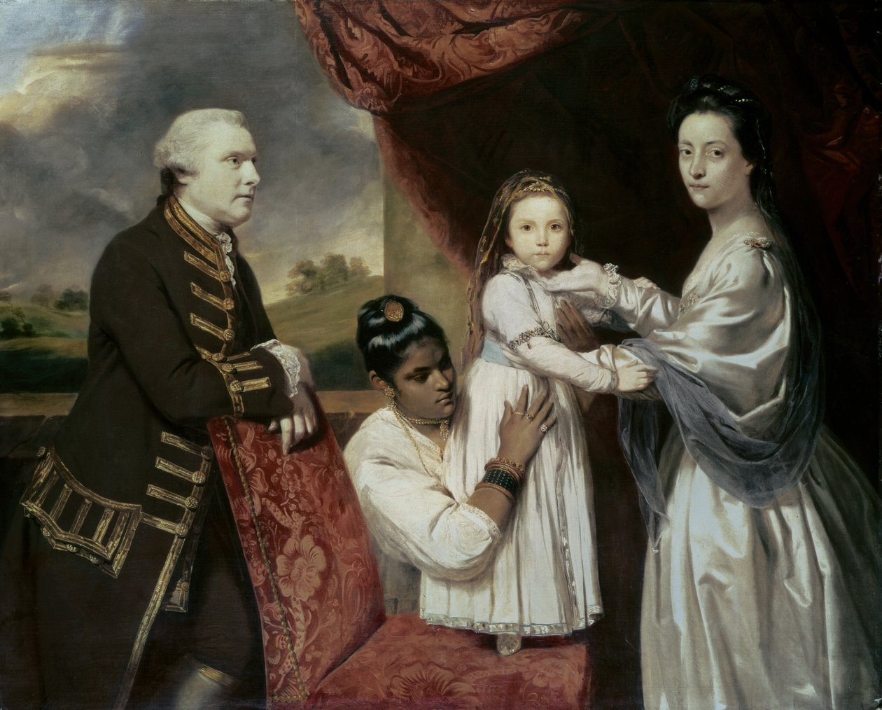 Tysoe Saul Hancock, jego żona Filadelfia, ich córka Elżbieta i indyjska pokojówka Clarinda, c.1763-5 autorstwa Joshua Reynolds
