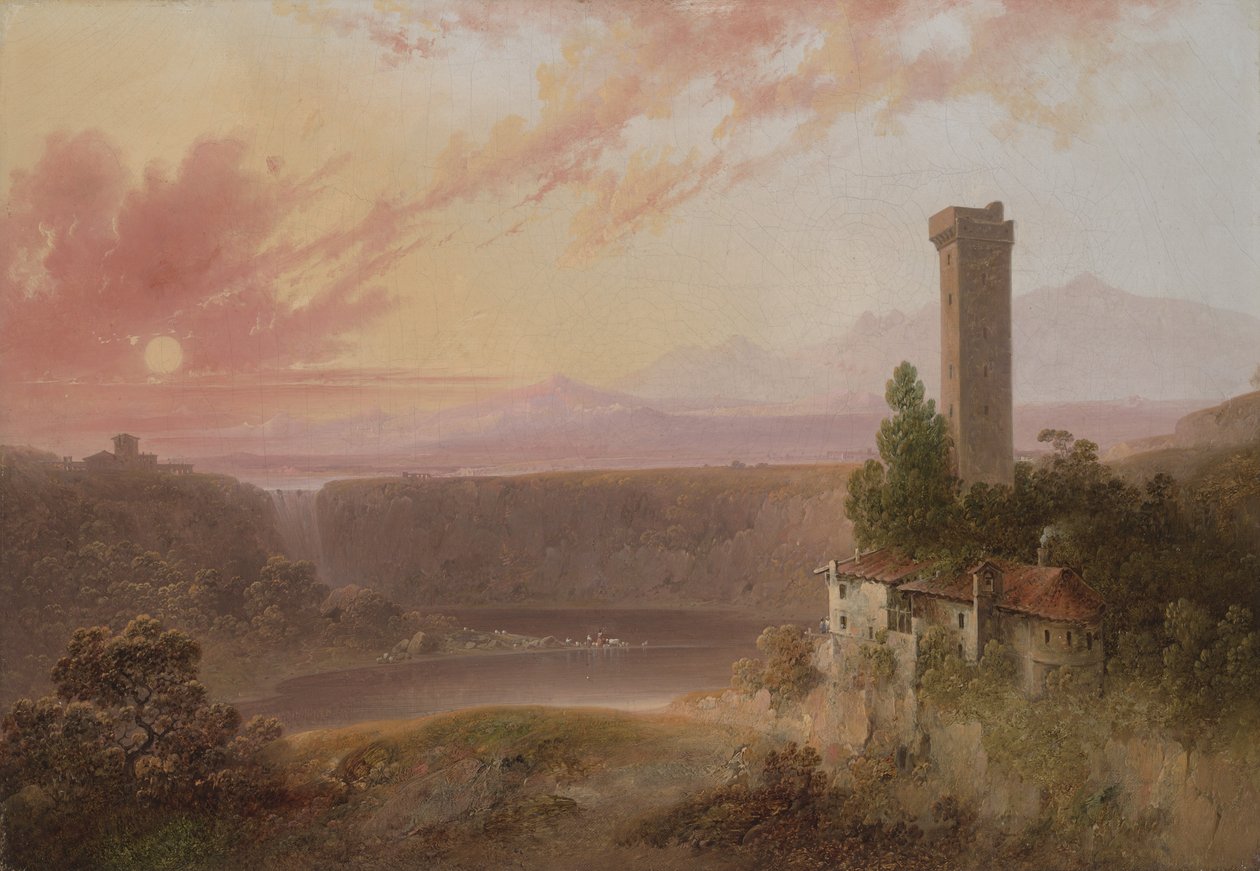 Widok na jezioro Nemi o zachodzie słońca, ok. 1840-50 autorstwa Joshua H. Shaw