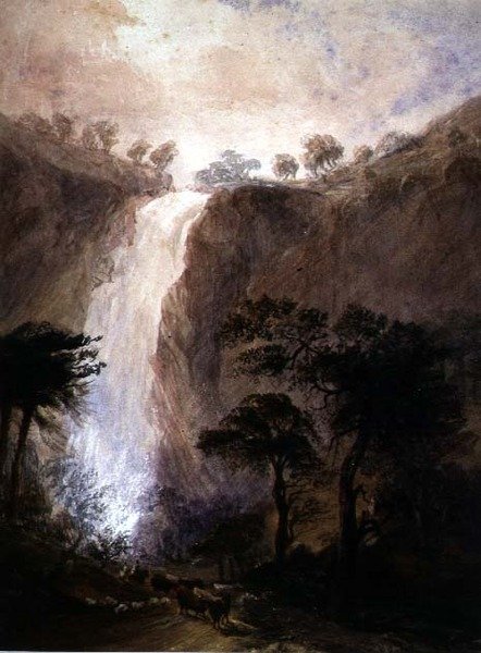 Widok na wodospad, ok. 1820 (akwarela z gumą arabską na papierze) autorstwa Joshua Wallis