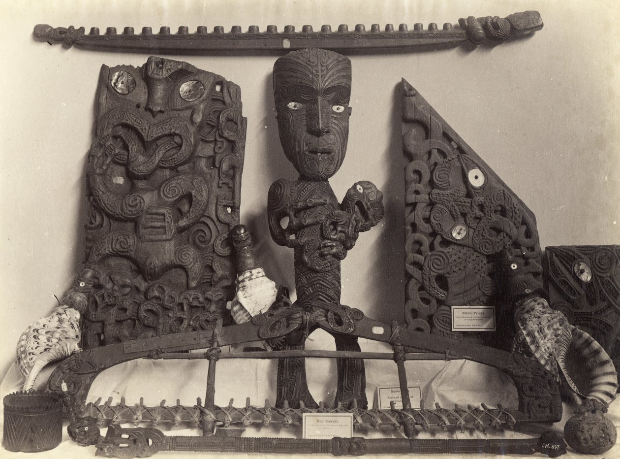 Artefakty w Muzeum Auckland, ok. 1890 r. (odbitka albuminowa) autorstwa Josiah Martin
