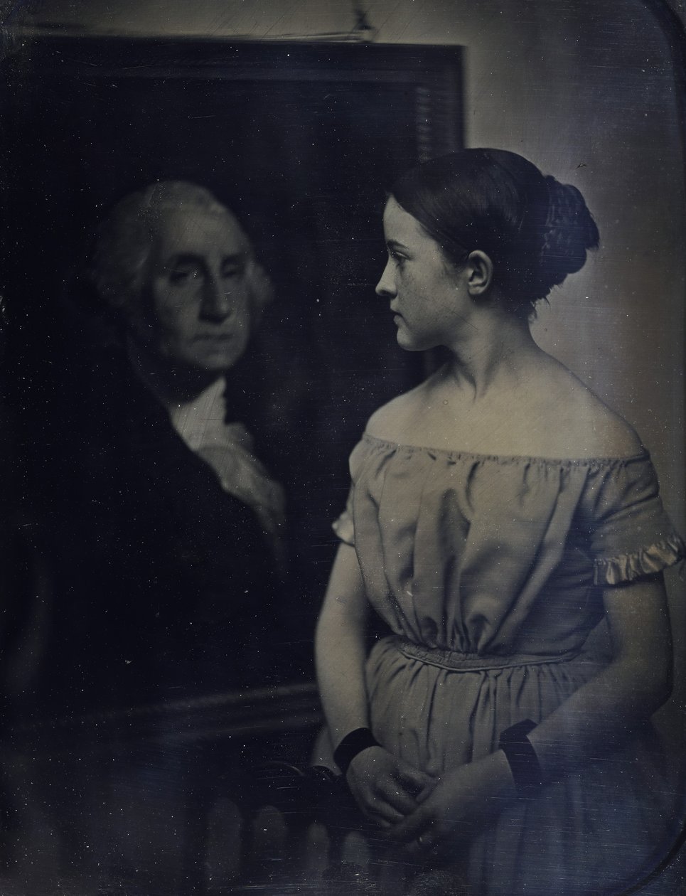 Dziewczyna z portretem Jerzego Waszyngtona, ca. 1850. Twórcy: Josiah Johnson Hawes, Albert Sands Southworth. autorstwa Josiah Johnson Hawes, Albert Sands Southworth