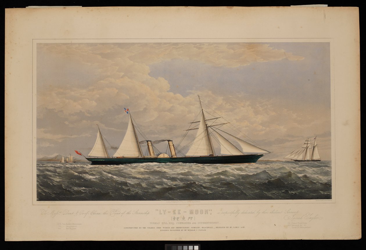 Dla Messrs Dent  Co z Chin, ta odbitka statku parowego Ly-Ee-Moon, Norman Hill, Esqr Commander.... zbudowanego przez Thames Iron Works and Shipbuilding Company, Blackwall..., ok. 1860 (litografia, kolorowana) autorstwa Josiah Taylor