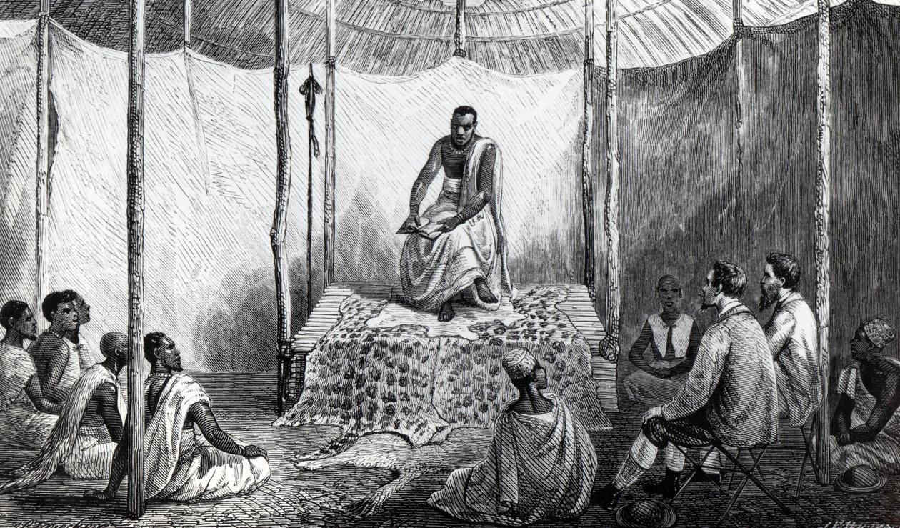 Pierwsza lekcja Kamrasiego w Biblii, ilustracja z „Dziennika odkrycia źródła Nilu” autorstwa Johna Hanninga Speke, opublikowanej w 1864 roku autorstwa Josiah Wood Whymper