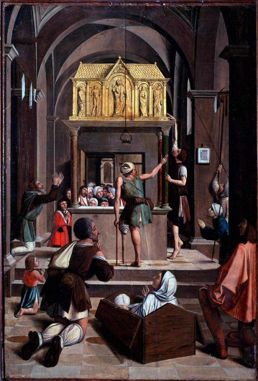 Życie św. Sebastiana: pielgrzymi na grobie św. Sebastiana - olej na drewnie autorstwa Josse (fl.1493 1508) Lieferinxe