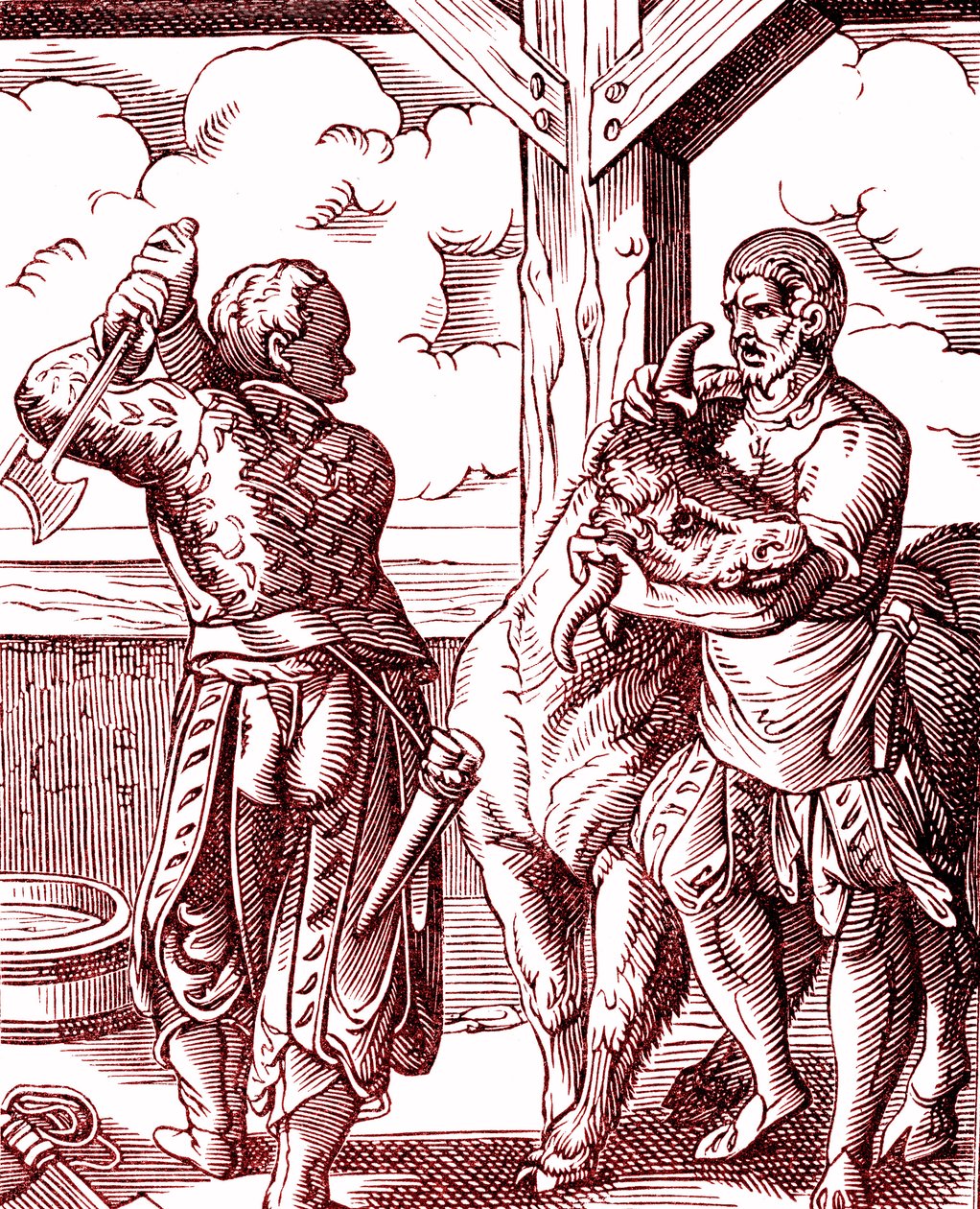 Rzeźnik - Jedzenie i gotowanie w średniowieczu. Rycina Josta Ammana (1539-1591). Grawerowanie 1878 autorstwa Jost (after) Amman