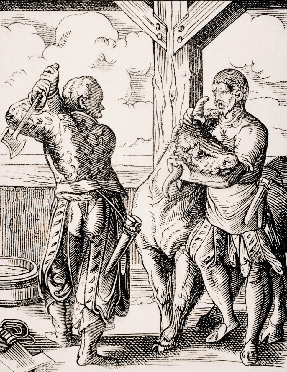 Rzeźnik i jego asystent, reprodukcja XVI-wiecznej ryciny autorstwa Josta Ammana (1539-91) z „Le Moyen Age et La Renaissance” Paula Lacroix (1806-84), opublikowana w 1847 r. (litho) autorstwa Jost (after) Amman