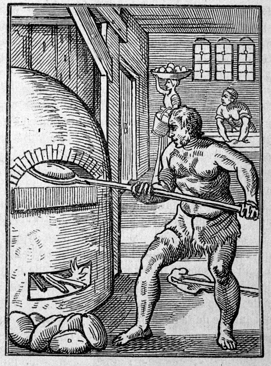 Piekarz wypiekający chleb w piecu. Grawer Josta Ammana (1539-1591) XVI wiek. autorstwa Jost Amman