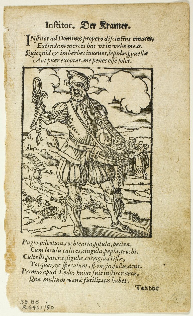 Der Kramer (The Peddler) z De omnibus illiliberalibus sive mechanicis artibus Hartmanna Schoppera, płyta 50 z Drzeworytów z ksiąg XVI w. autorstwa Jost Amman