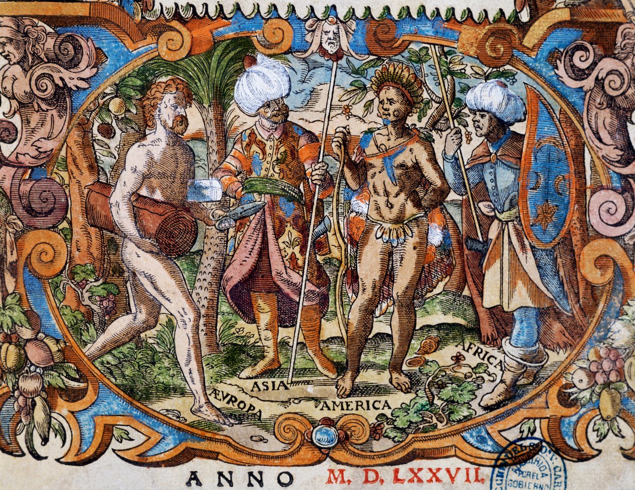 Cztery kontynenty, fragment ze strony tytułowej, rycina Josta Ammana (1539-1591) autorstwa Jost Amman