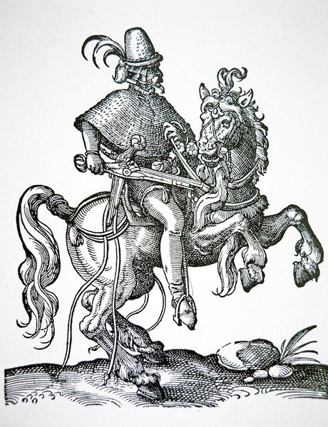 Koń żołnierz z pistoletem z blokadą kół, ilustracja z „Kunstbuchlin” autorstwa Jost Amman