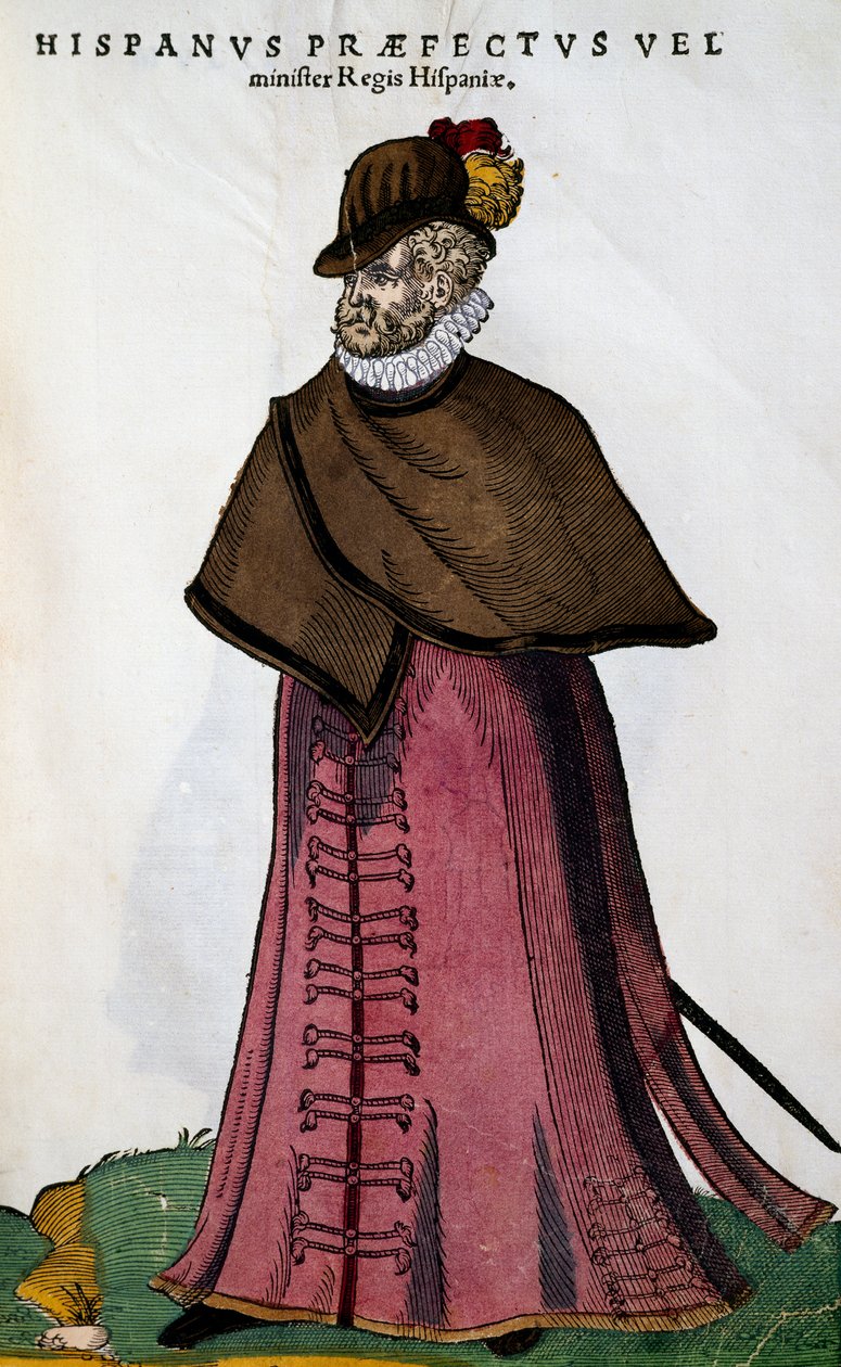 Strój ministra z hiszpańskiego domu królewskiego, grawerowany przez Josta Ammana (1539-1591) z Habitusów głównych ludów, mężczyzn i pojedynczych kobiet przedstawionych w sztuce autorstwa Jost Amman
