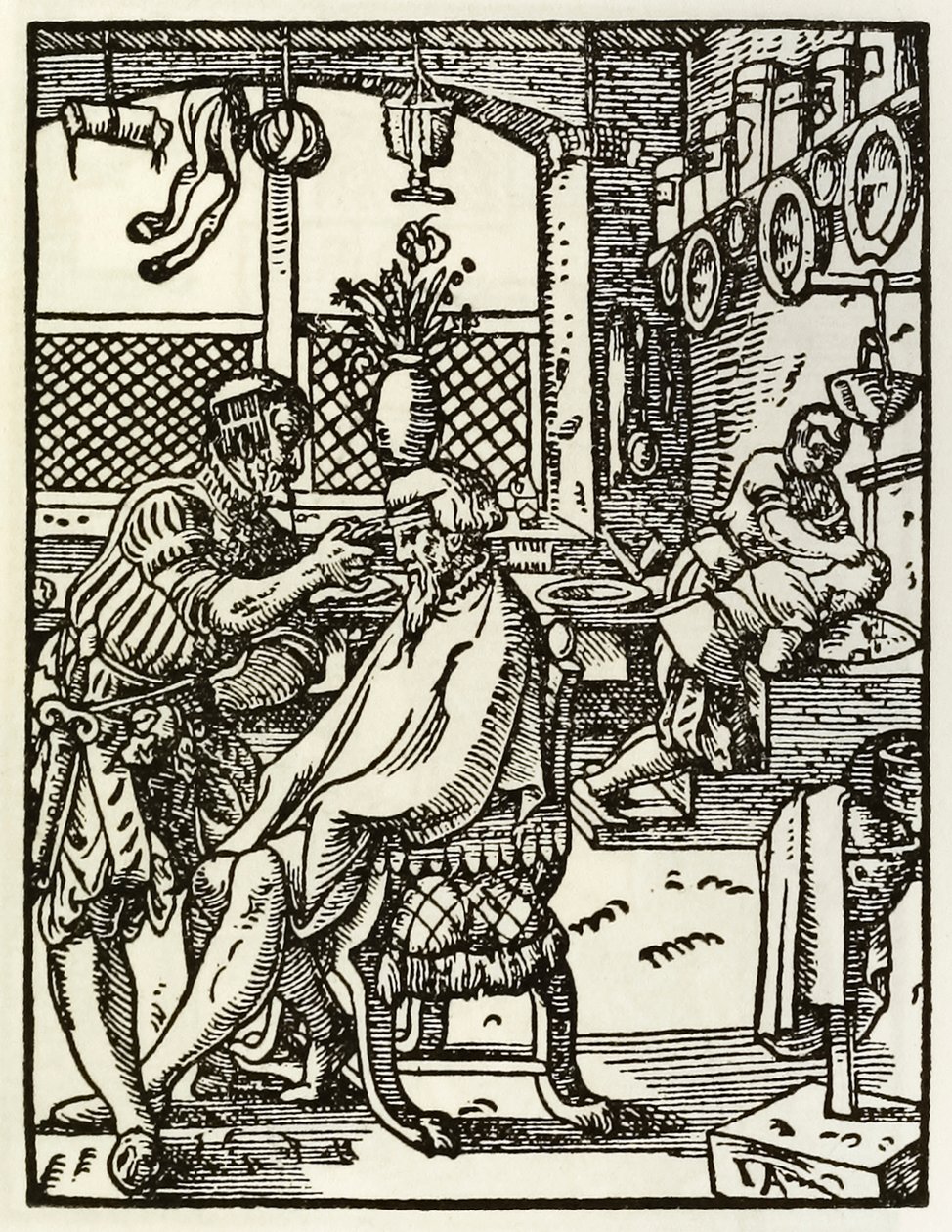Fryzjerzy z serii przedstawiającej zawody i zawody opublikowane po raz pierwszy w Das Ständebuch 1568 we Frankfurcie w Niemczech autorstwa Jost Amman