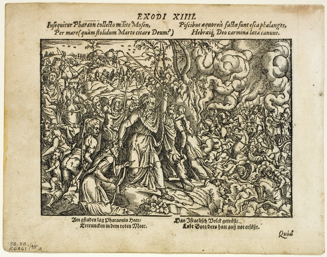 Przejście nad Morze Czerwone (recto) i Pogrzeb Jakuba (verso) z Neuwe Biblische Figuren, tablica 48 z Drzeworytów z ksiąg XVI w. autorstwa Jost Amman