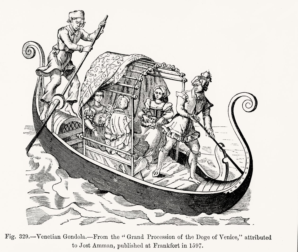 Gondola wenecka, z Wielkiej Procesji Dożów Wenecji, ilustracja z Nauki i literatury w średniowieczu i renesansie, napisana i rytowana przez Paula Lacroix, 1878 ( autorstwa Jost (after) Amman