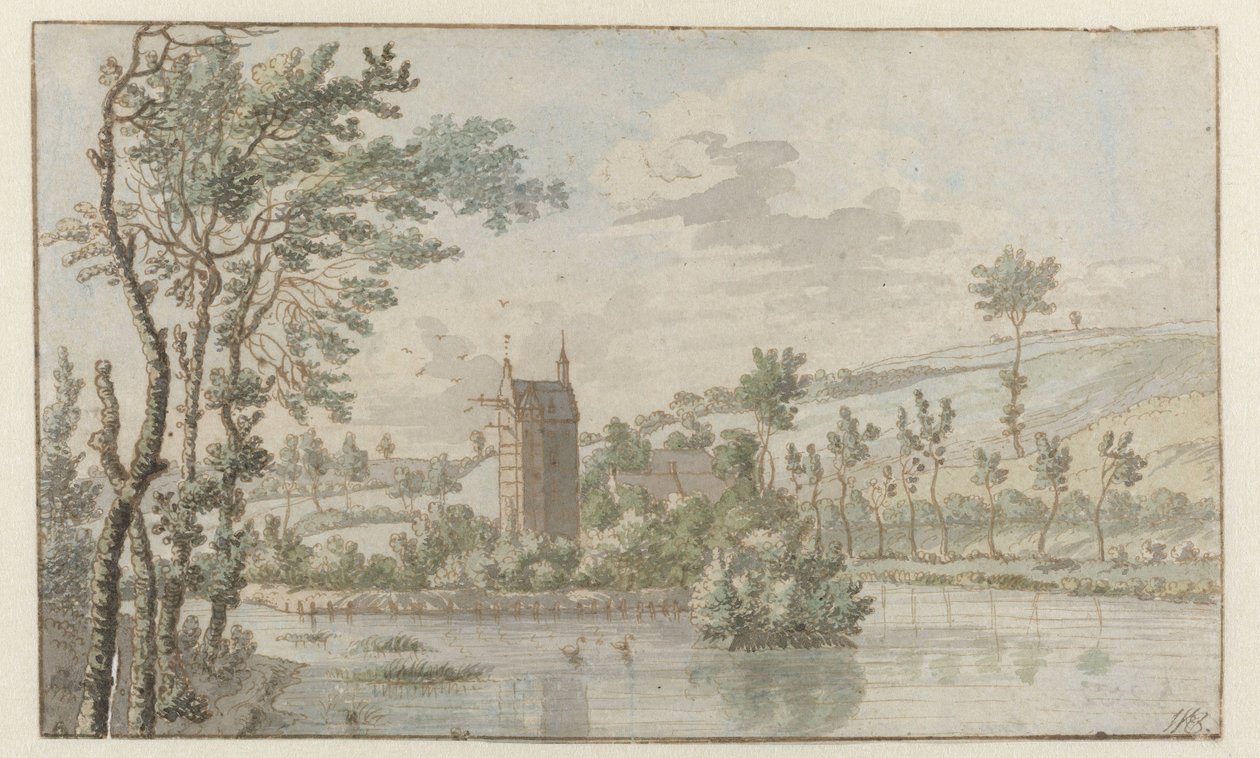 Krajobraz z Huis Kluys, niedaleko Brukseli autorstwa Josua de Grave (attributed to)