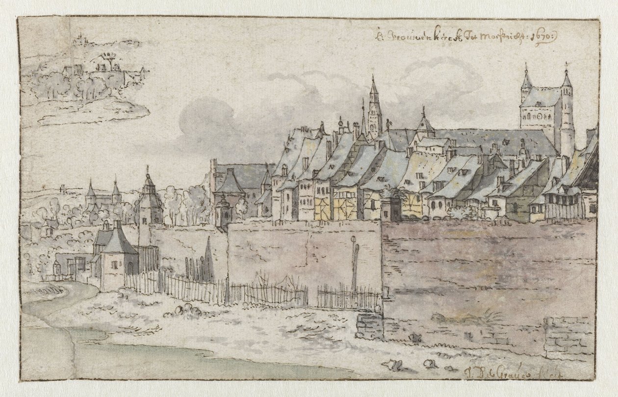 Widok na mury Maastricht z Onze-Lieve-Vrouwekerk w tle autorstwa Josua de Grave