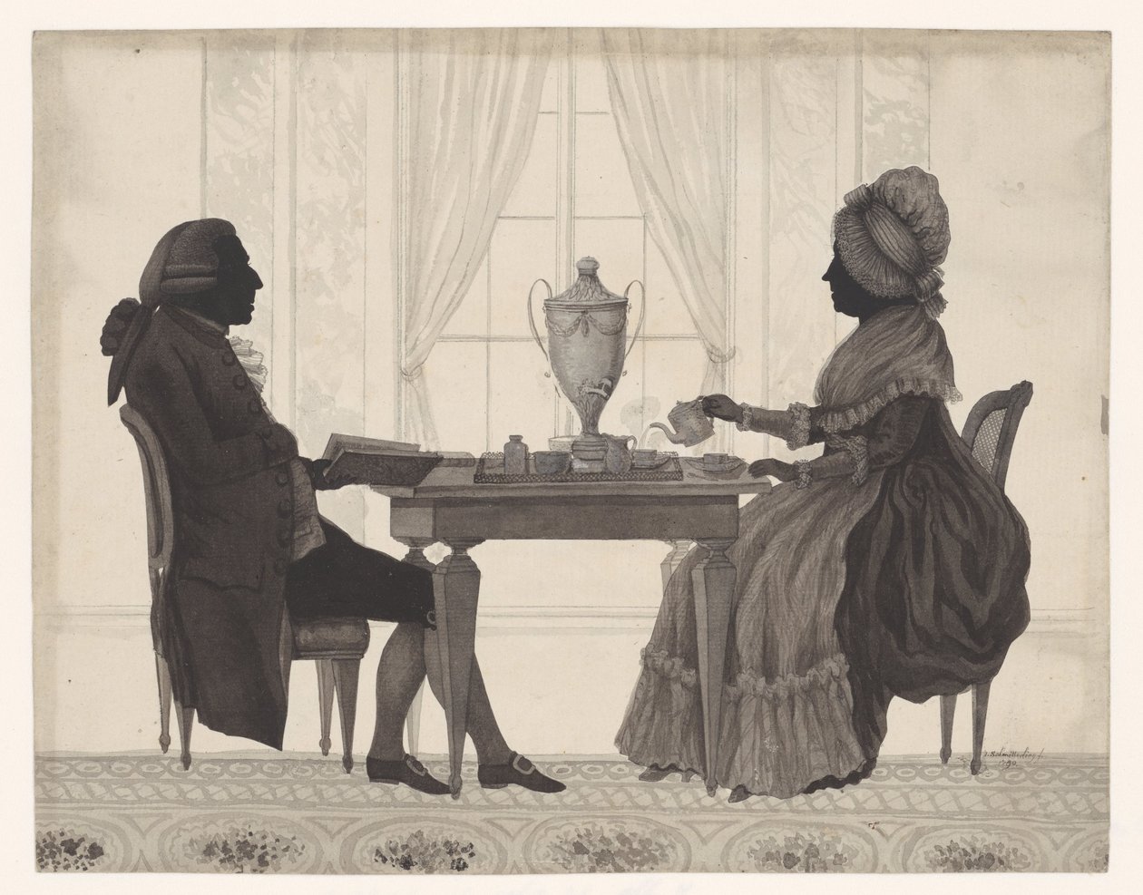 Sylwetki Louis Metayer (*1728) i Antoinette Bernard (*1735) przy stole autorstwa Jozef Adolf Schmetterling