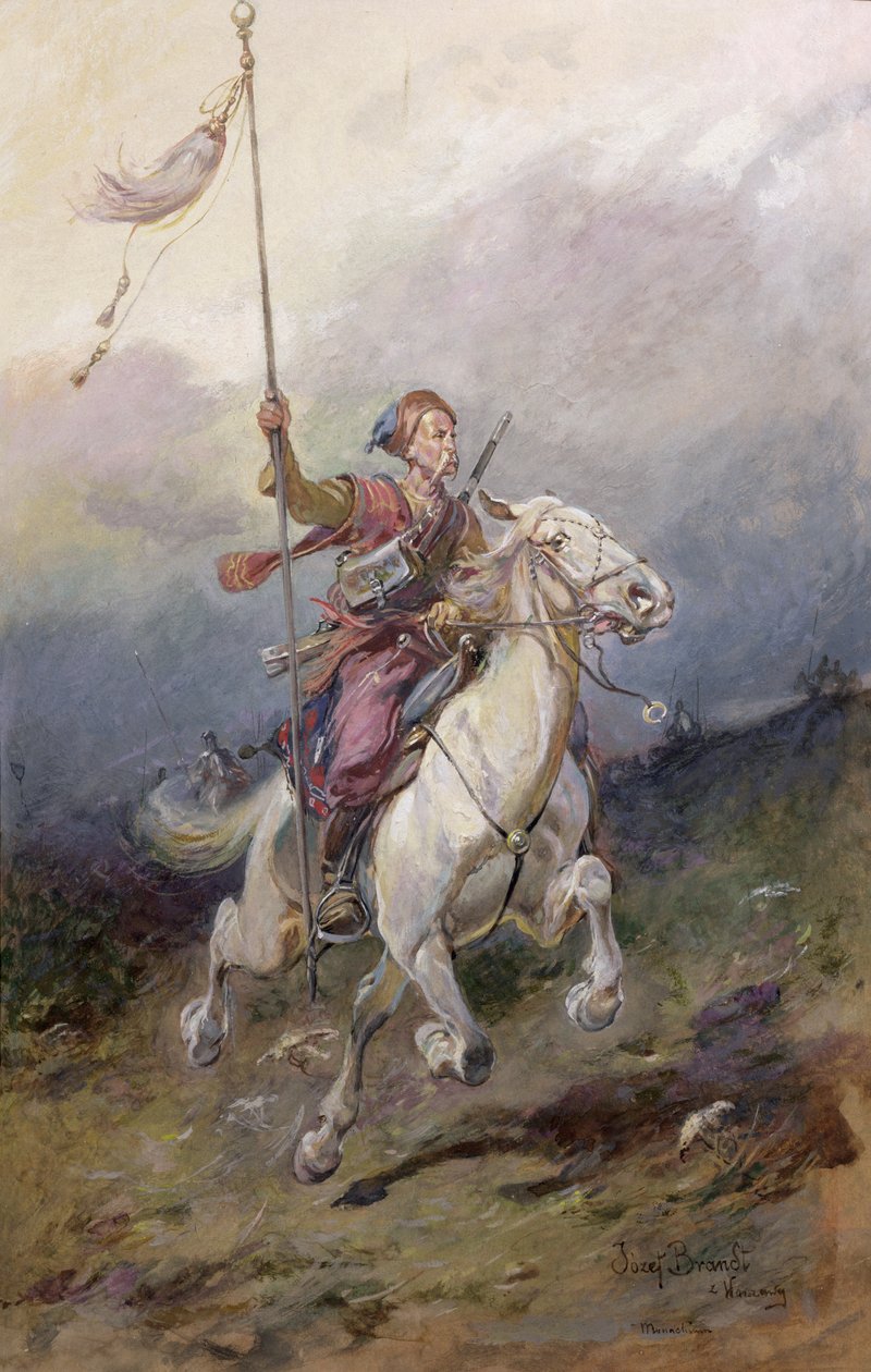 The Pathfinder, XVII-wieczny polski kawalerzysta na białej ładowarce autorstwa Jozef Brandt