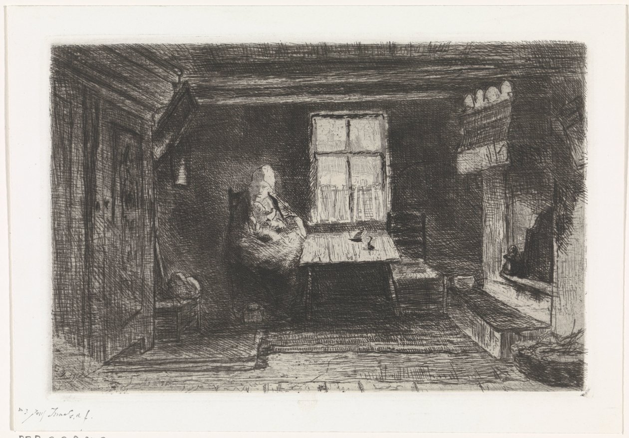 Wnętrze z mamą i dzieckiem autorstwa Jozef Israëls (signed by artist)