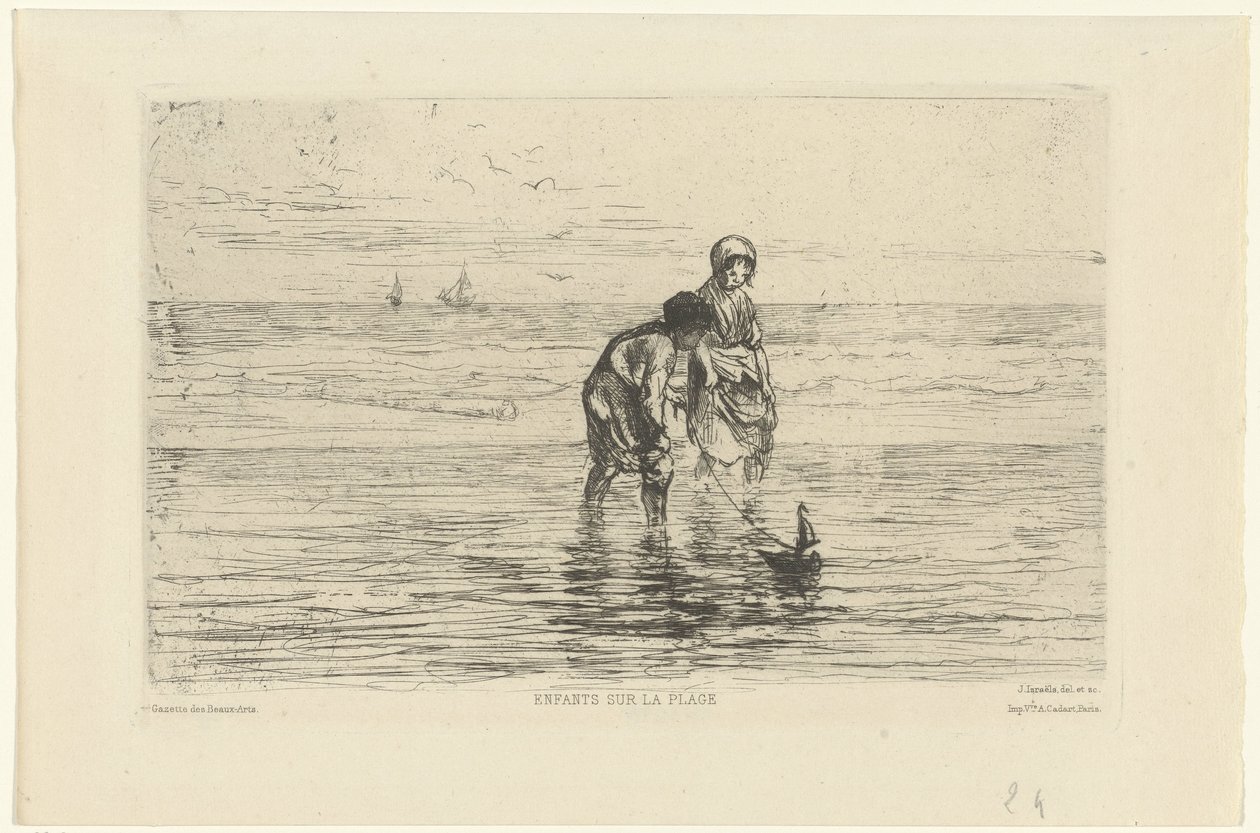 Dzieci bawiące się łódką na plaży Enfants sur la plage (tytuł na obiekcie) autorstwa Jozef Israëls