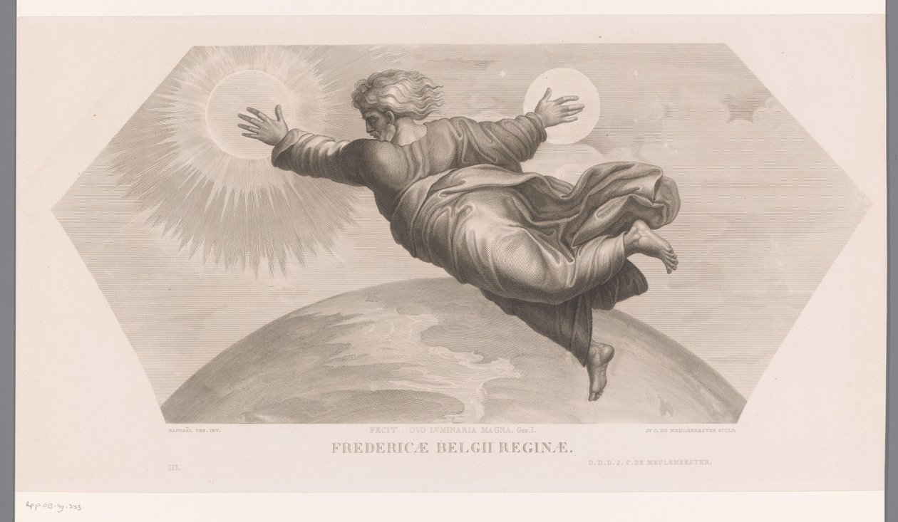 Bóg stwarza słońce i księżyc Fecit duet luminaria magna. gen. I. Fredericae Belgii (tytuł na obiekt) Les loges de Raphaël (...) sujets de la bible (tytuł serii) Sceny biblijne z loży Rafaela (tytuł serii) autorstwa Jozef Karel De Meulemeester