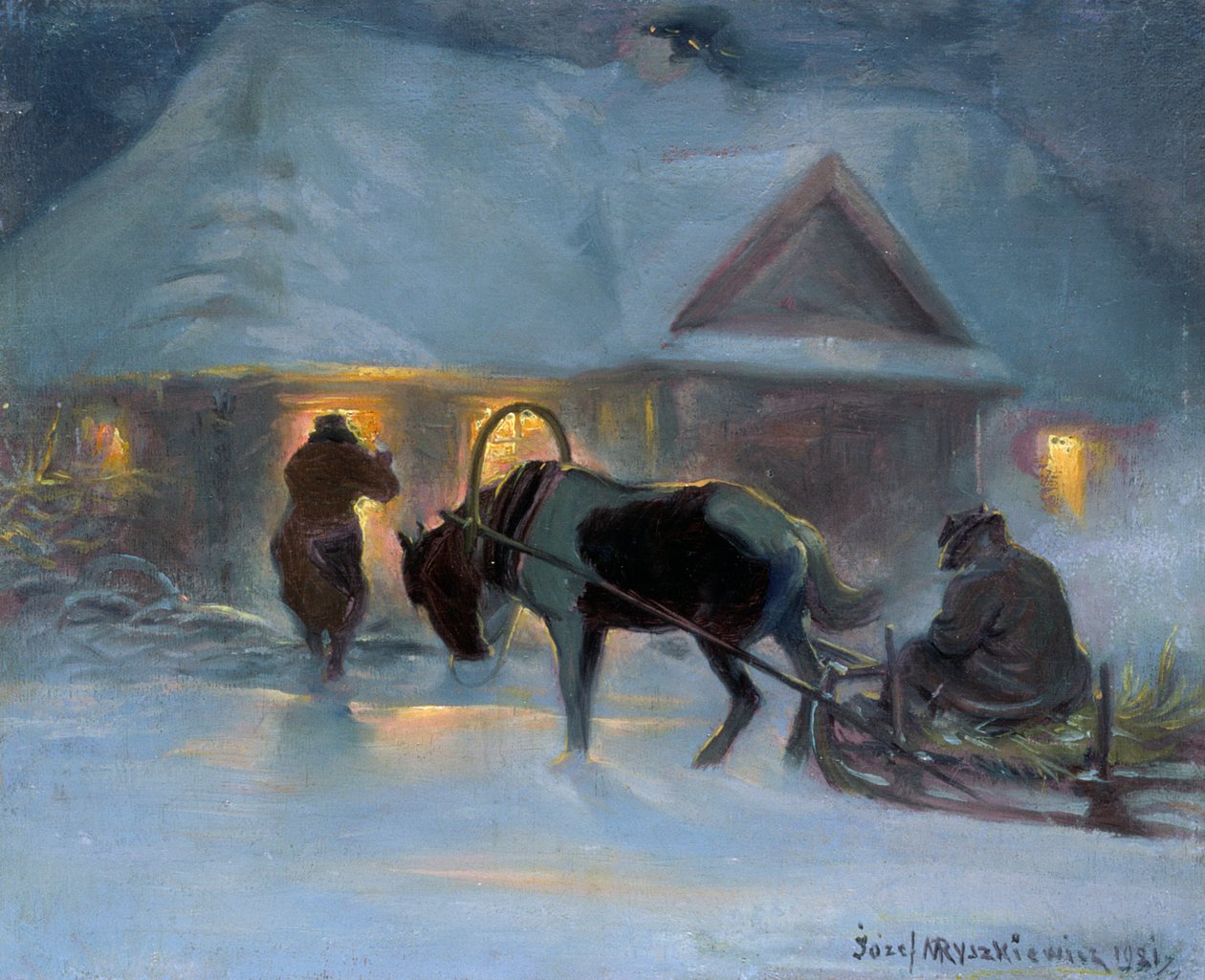 Zimowy wieczór przed wiejskim domem, 1921, autorstwa Jozef Ryszkiewicz