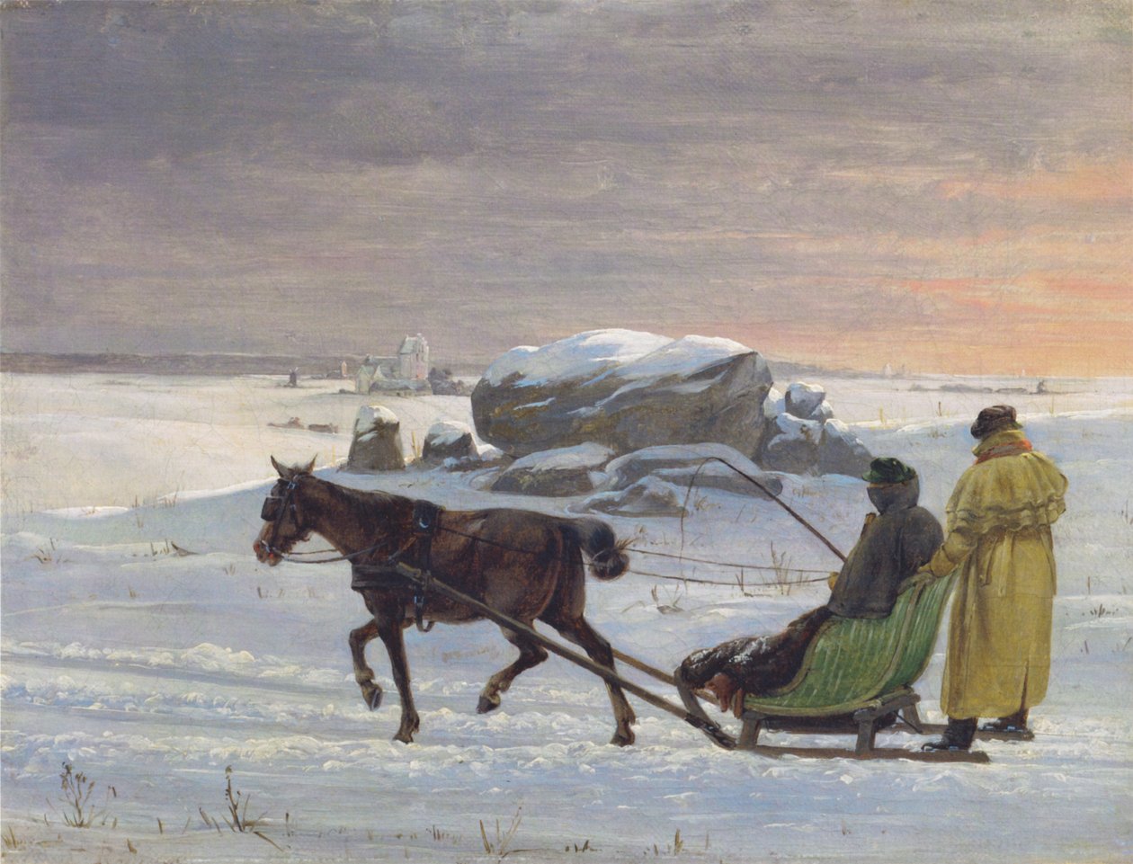 Malarze Jørgen Roed i Constantin Hansen biorą udział w kuligu. autorstwa Jørgen Roed