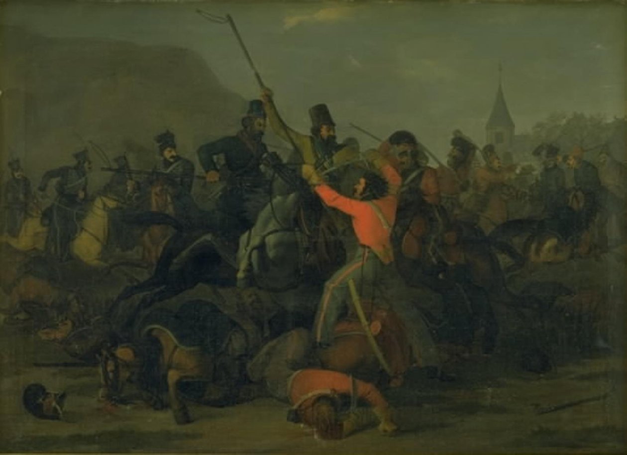 Upadek pułkownika Boncke Bönnichsena 6 grudnia 1813 r. podczas pojedynku jutlandzkich dragonów i kozaków autorstwa Jørgen V. Sonne