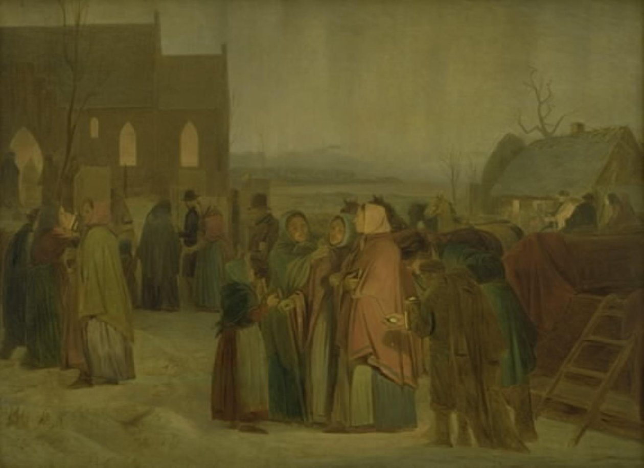 Chłopi poza Kościołem w świąteczny poranek autorstwa Jørgen V. Sonne