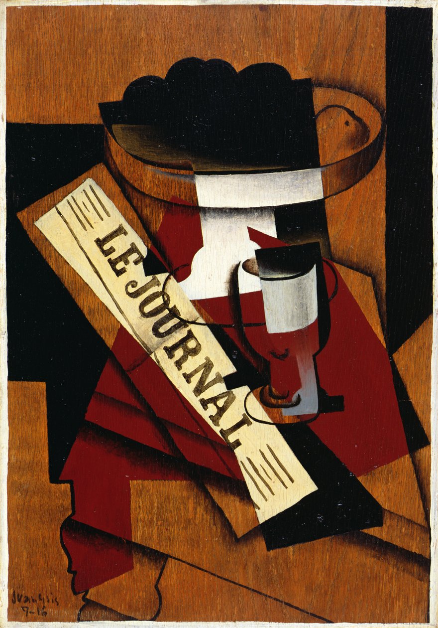 Talerz owocowy, szkło i gazeta, 1916 autorstwa Juan Gris