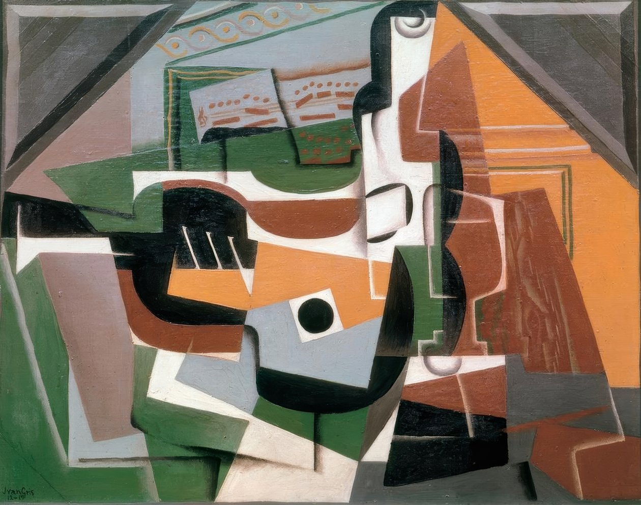 Gitara, butelka i szkło autorstwa Juan Gris