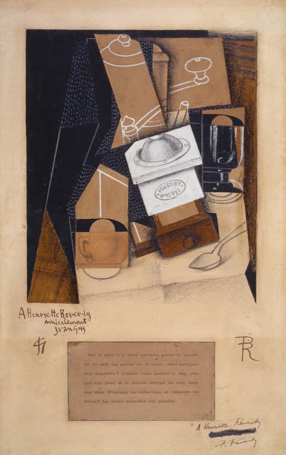 Młynek do kawy, filiżanka i szklanka na stole autorstwa Juan Gris