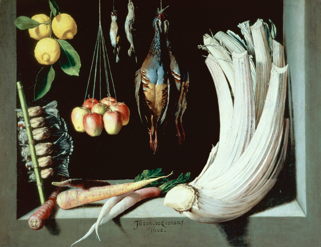 Martwa natura z martwymi ptakami, owocami i warzywami, 1602 autorstwa Juan Sanchez Cotan