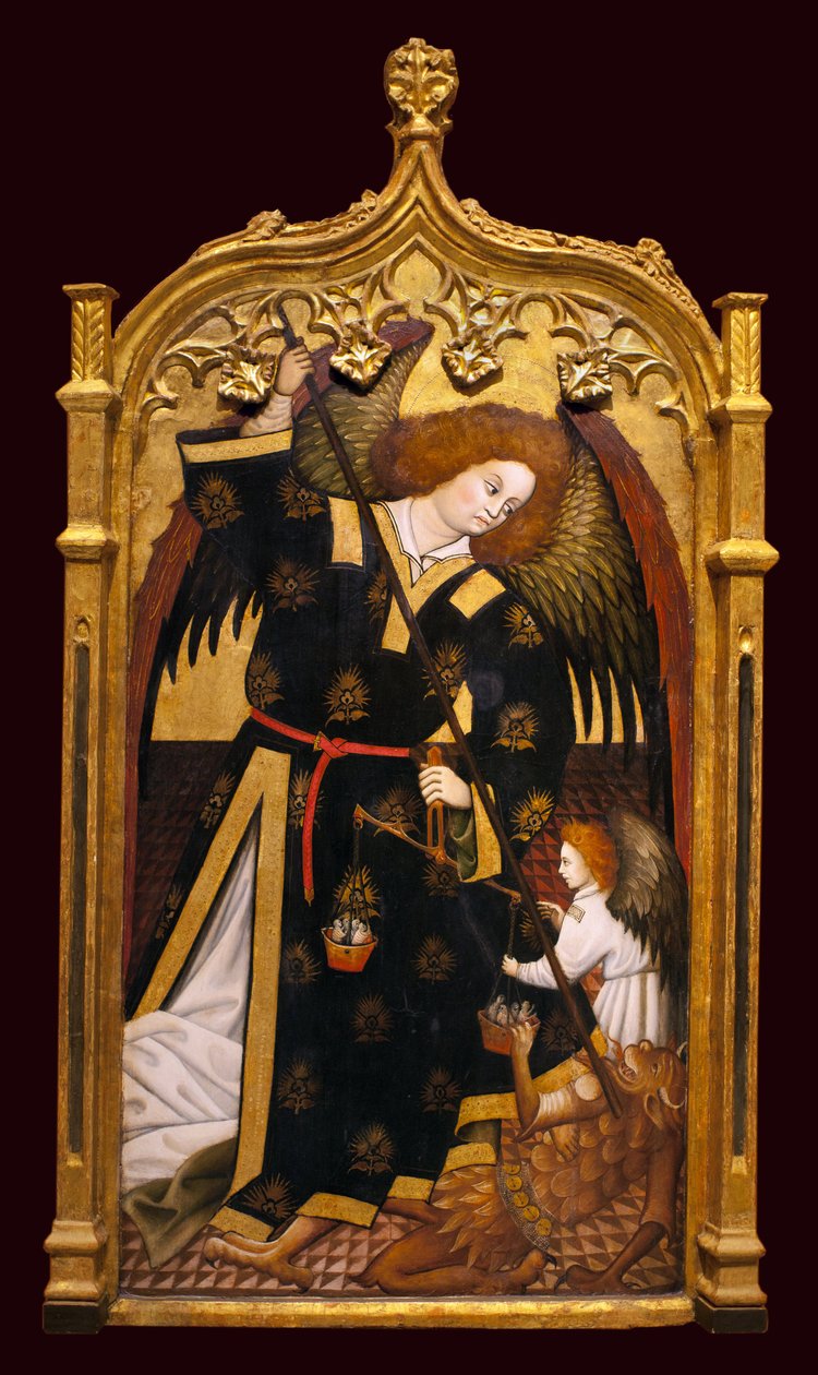 Archanioł Święty Michał. Obraz przypisywany Juanowi Hispalense (XV wiek), olej i złoto na drewnie, ok. 1480. Muzeum Sztuk Pięknych w Sewilli, Hiszpania. autorstwa Juan (attributed to) Hispalense