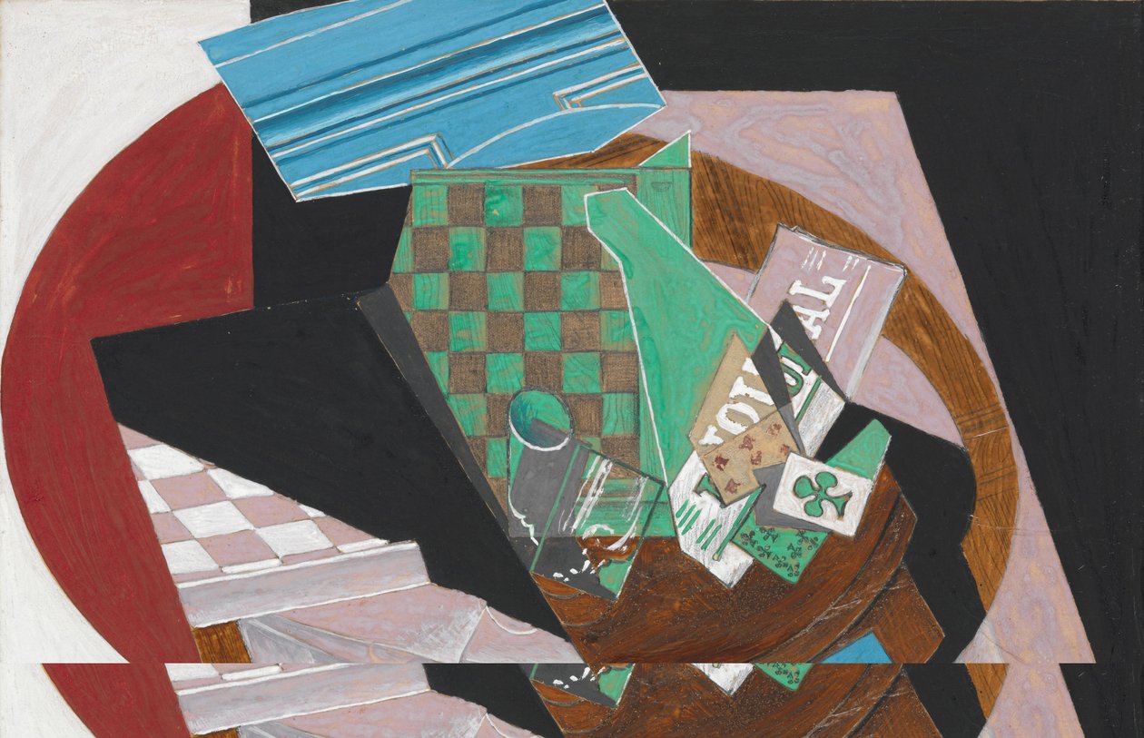 Szachownica i karty do gry, 1915 (gwasz, grafit i żywica na kremowym papierze plecionym, przymocowane do tektury) autorstwa Juan Gris