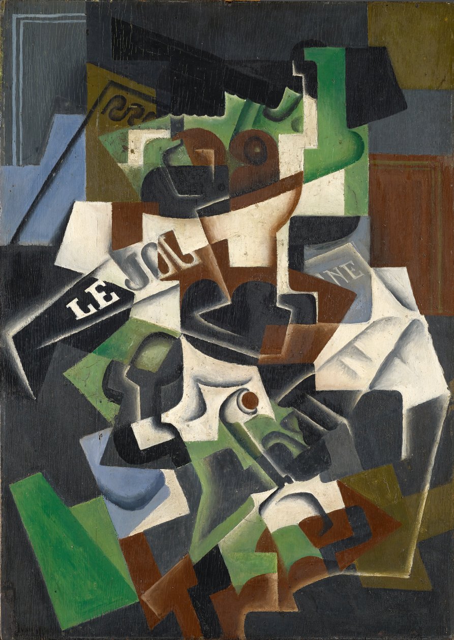 Miska na owoce, fajka i dziennik autorstwa Juan Gris