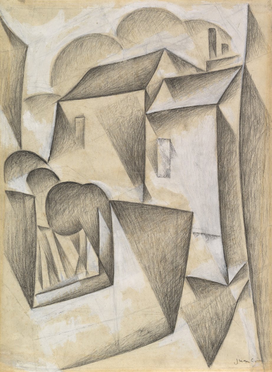 Domy w Paryżu, Place Ravignan, 1911 (czarna kreda i gwasz na białym papierze) autorstwa Juan Gris