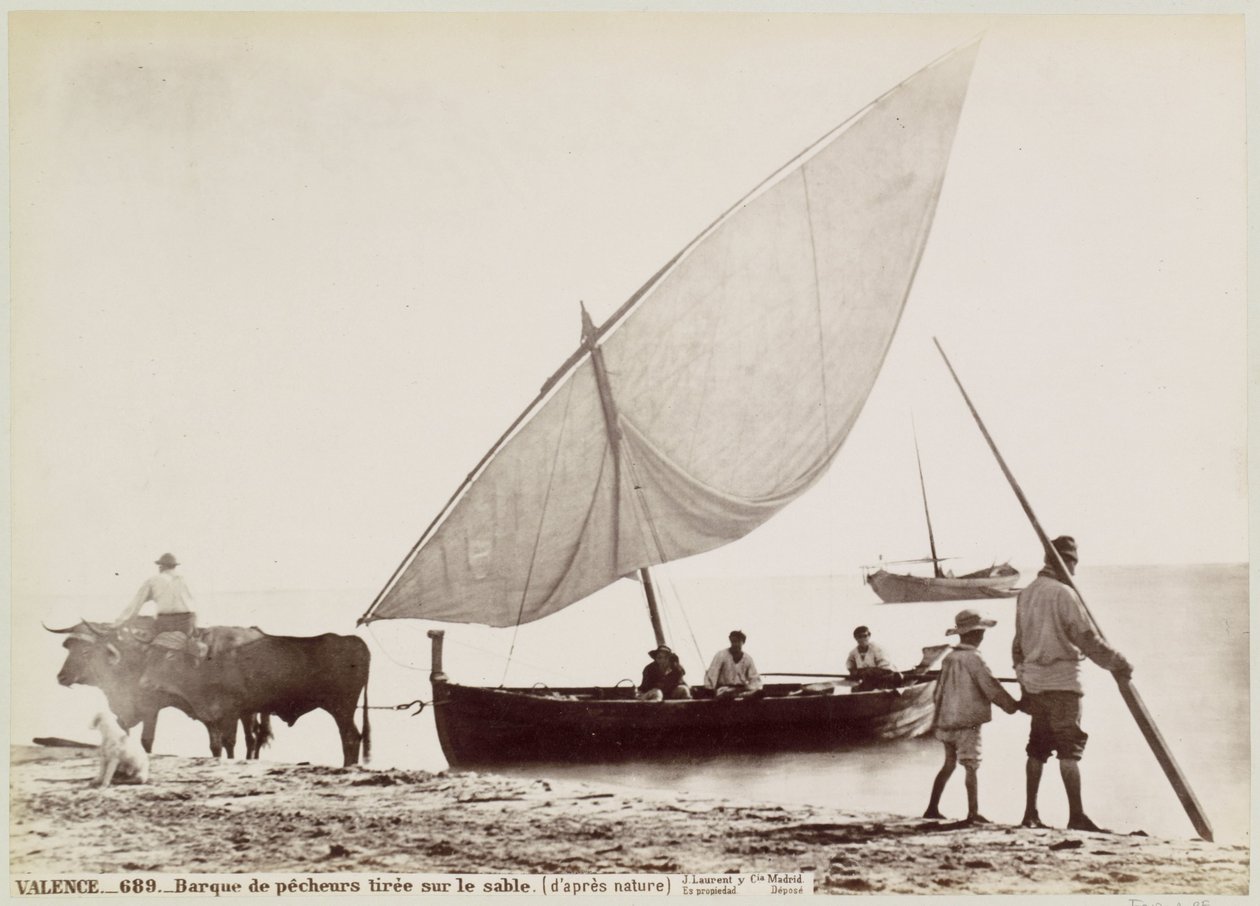 Ossen trekken vissersboot het strand op w Walencji VALENCE.- Łódka rybacka ciągnięta na piasku. (z natury) (tytuł na przedmiocie) autorstwa Juan Laurent