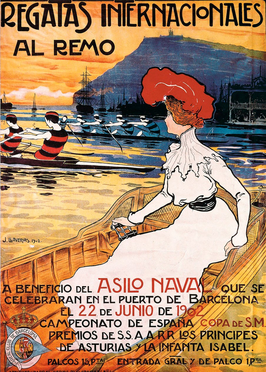 Plakat do wydarzenia sportowego "Międzynarodowe Regaty Wioślarskie", ilustracja Joan Llaverias i Labro (1865-1938). 22.06.1902. DR autorstwa Juan Llaverias Llabro