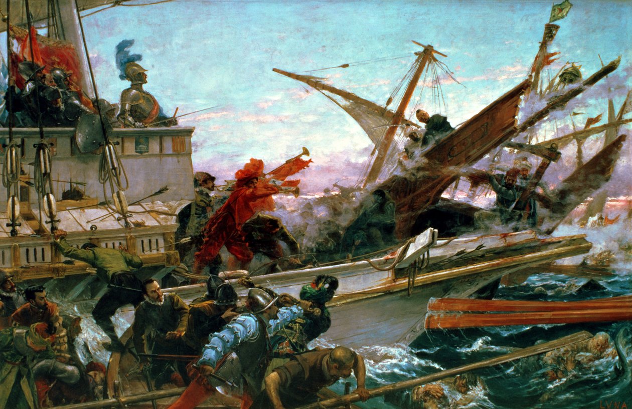 Bitwa morska pod Lepanto, prowadzona przez Dona Jana z Austrii (1547-78) w 1571 r. autorstwa Juan Luna y Novicio