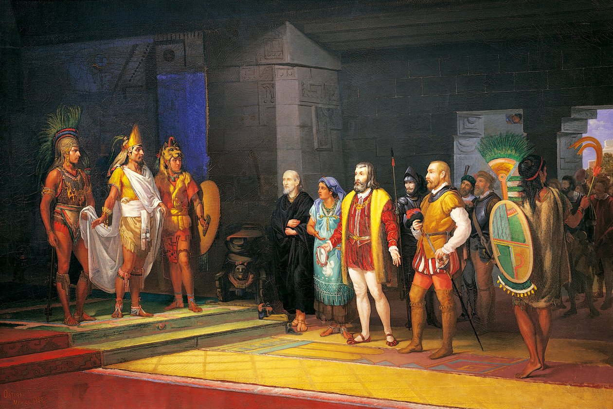 Hernan Cortez spotyka Montezumę w Meksyku autorstwa Juan Ortega
