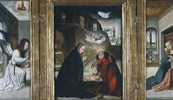 Tryptyk Narodzenia Chrystusa z Narodzenia Pańskiego po bokach Zwiastowania (panel) (patrz także 82427) autorstwa Juan de (school of) Flandes