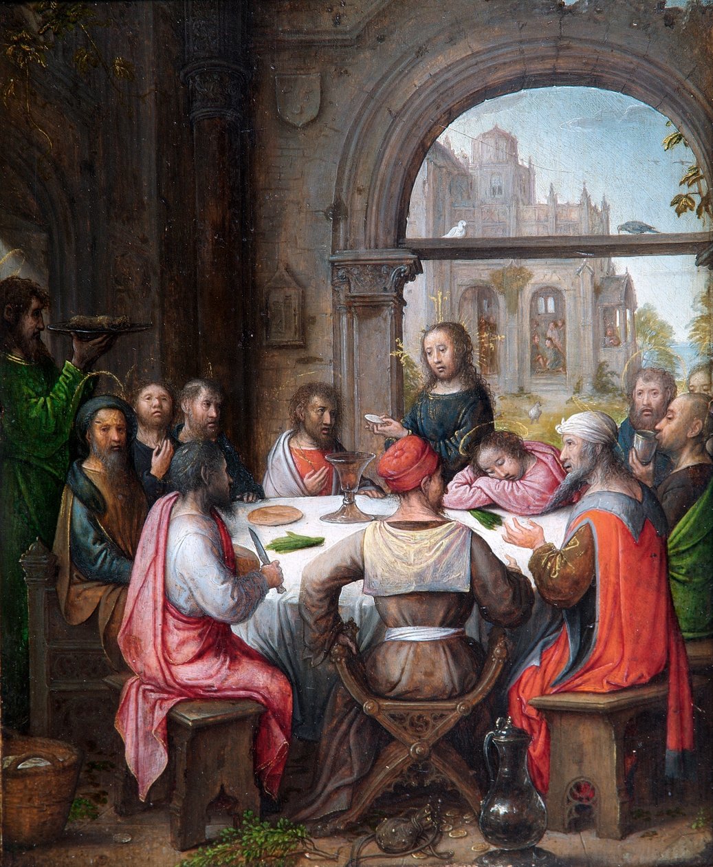 A Última Ceia, Com A Instituição da Eucaristia e Cristo Lavando os Pés dos Discípulos (óleo sobre painel de carvalho) polimento autorstwa Juan de (school of) Flandes