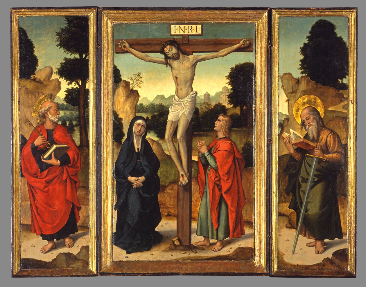 Ukrzyżowanie z Dziewicą i Świętymi Janem Ewangelistą, Piotrem i Pawłem, ok. 1520-1540 autorstwa Juan de Borgoña