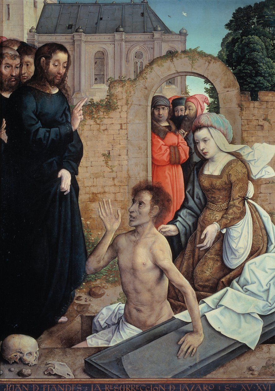 ""La resurrection de Lazare"" (Zmartwychwstanie Łazarza) Obraz Juana (Jeana) de Flandes (vers 1465-1519) - 1514-1519 Ciemne 110x84 cm Museo del Prado, Madryt autorstwa Juan de Flandes