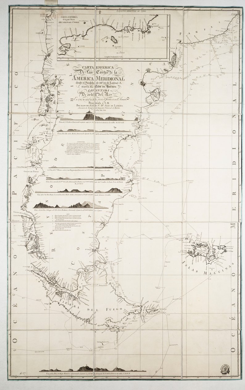 Mapa Chile, Patagonii, Ziemi Ognistej i Falklandów, ok. 1798 r. (rycina) autorstwa Juan de Langara