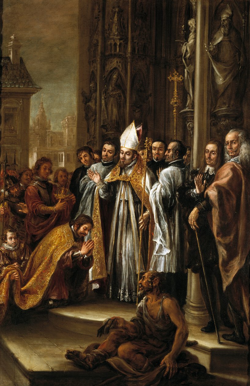 „Św. Ambroży rozgrzesza cesarza Teodozjusza, c.1673 (olej na płótnie) autorstwa Juan de Valdes Leal
